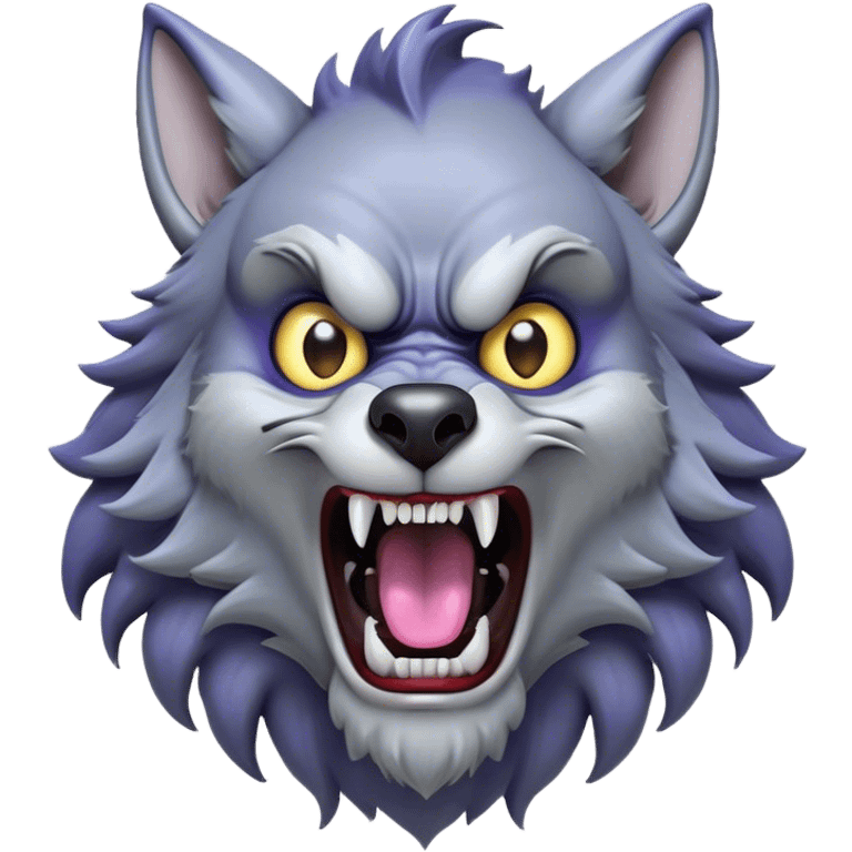 Cinematic Comical Werewolf Portrait Emoji, with a whimsically exaggerated lupine face in vivid moonlit grays and silvers, head cocked in a dramatically shocked expression with comically oversized, wide eyes and a playful snarl, simplified yet hilariously expressive, highly detailed with a soft cartoonish glowing outline capturing the mischievous humor of a werewolf mid-transformation! emoji