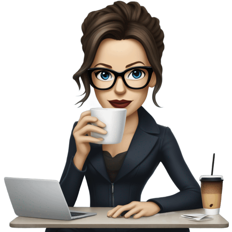 Hyper Realistic Kate Beckinsale dark blue eyes wearing glasses drinking coffee at a laptop  emoji