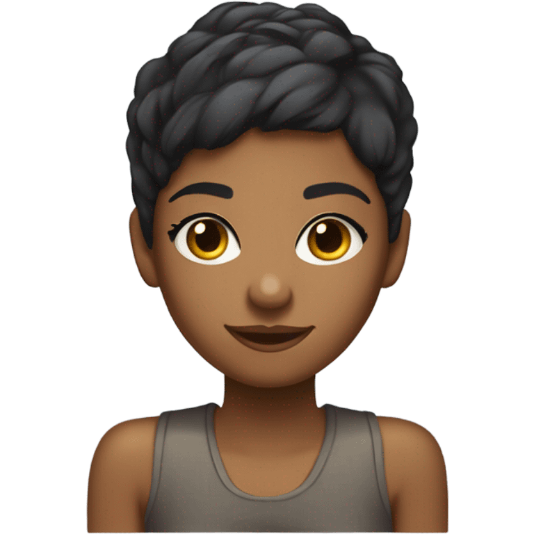 graphic designer cute black girl with light brown skin, short pixie cut hair, typing on computer and winking at the camera.  emoji