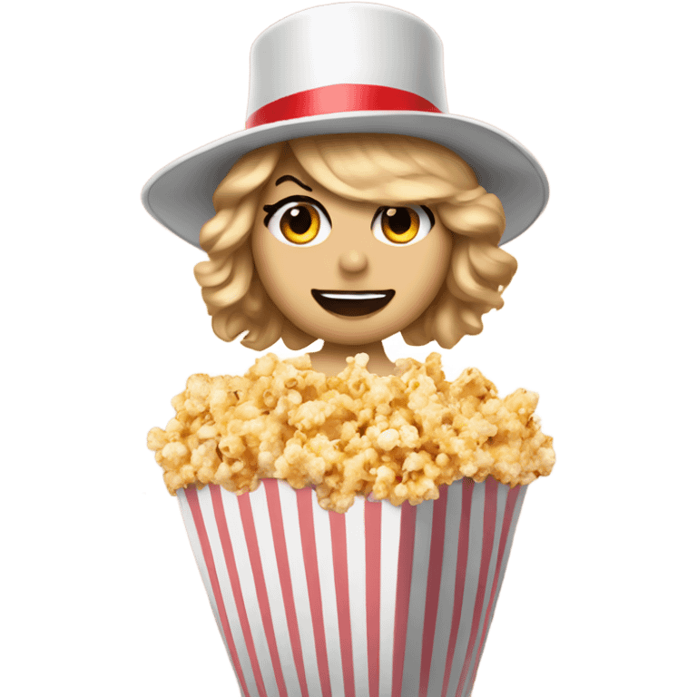 Taylor swift in a popcorn bucket wearing a circus tophat emoji