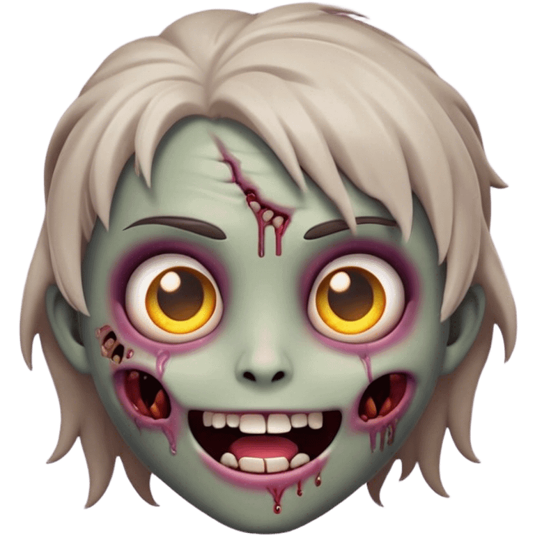 Cinematic Cute Zombie Portrait Emoji, with a delightfully quirky, slightly disheveled face in muted ashen hues, featuring quirky bright eyes and a playful, stitched-together smile, simplified yet irresistibly charming, highly detailed with a soft glowing outline that captures the adorable, offbeat spirit of a zombie who’s more cute than creepy! emoji