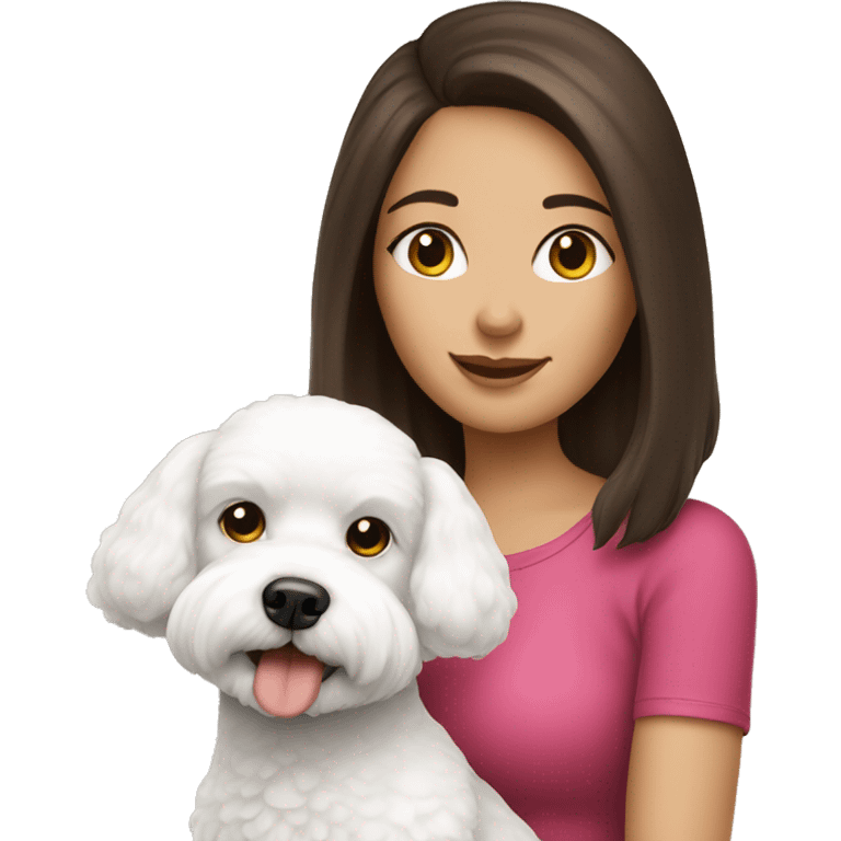 Brunette girl with a cute bichon dog  emoji