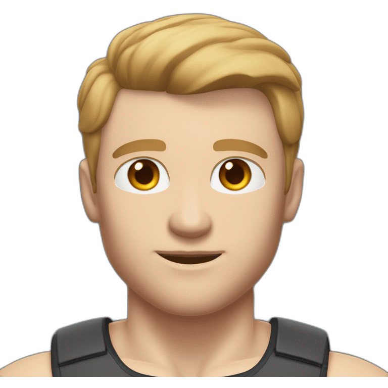 Full height Pale skinned muscular man With Realistic eyes and mouth, light brown hair and stubble In dark gray sleeveless mike, black oversize sports shorts, watch and white sneakers. emoji