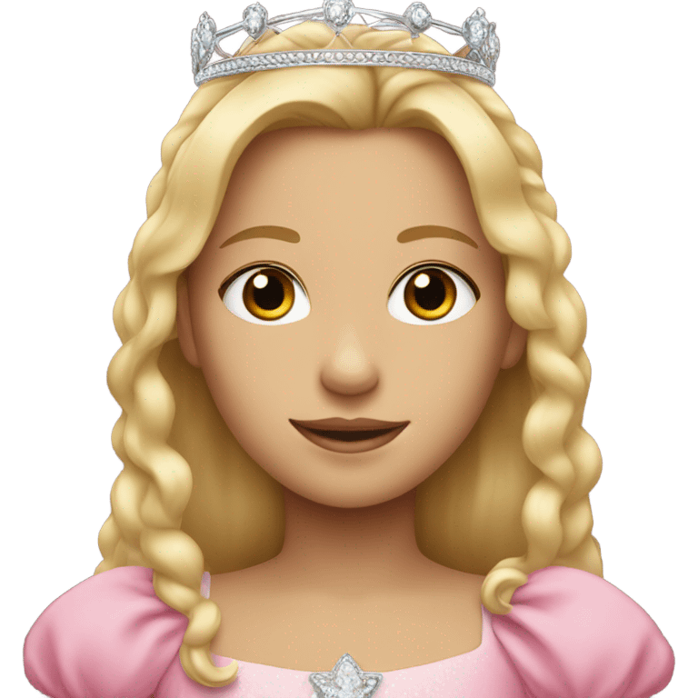 Girl with blonde hair, brown eyes, a tiara, and wearing pink emoji