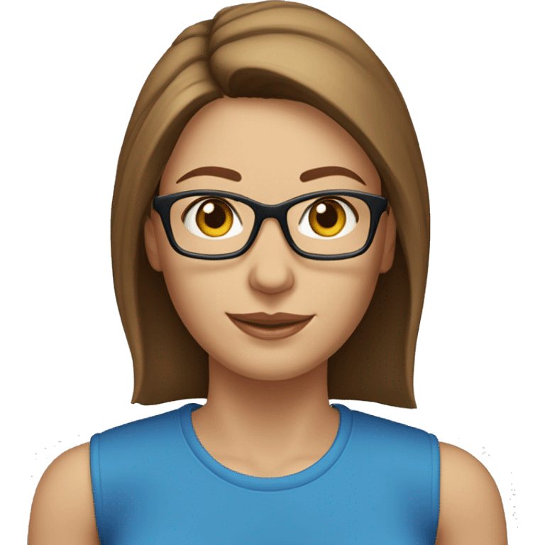 A head and shoulders shot of a 40 year old Caucasian woman, with straight brown hair,  wearing glasses with blue eyes wearing a t-shirt. emoji