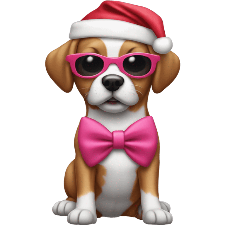 dog with pink sunglasses with a santa hat and red clothes and a white bow tie emoji