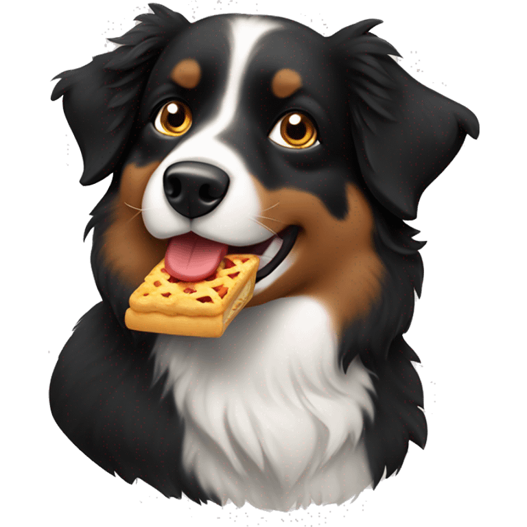 Small black australian shepherd dog eating pie  emoji