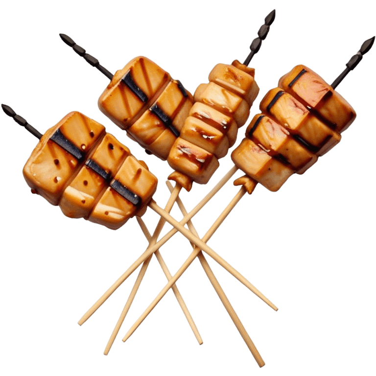 Cinematic Realistic Yakitori Dish Emoji, depicted as skewered, grilled chicken pieces with a charred finish rendered with crisp textures and appetizing, natural lighting. emoji