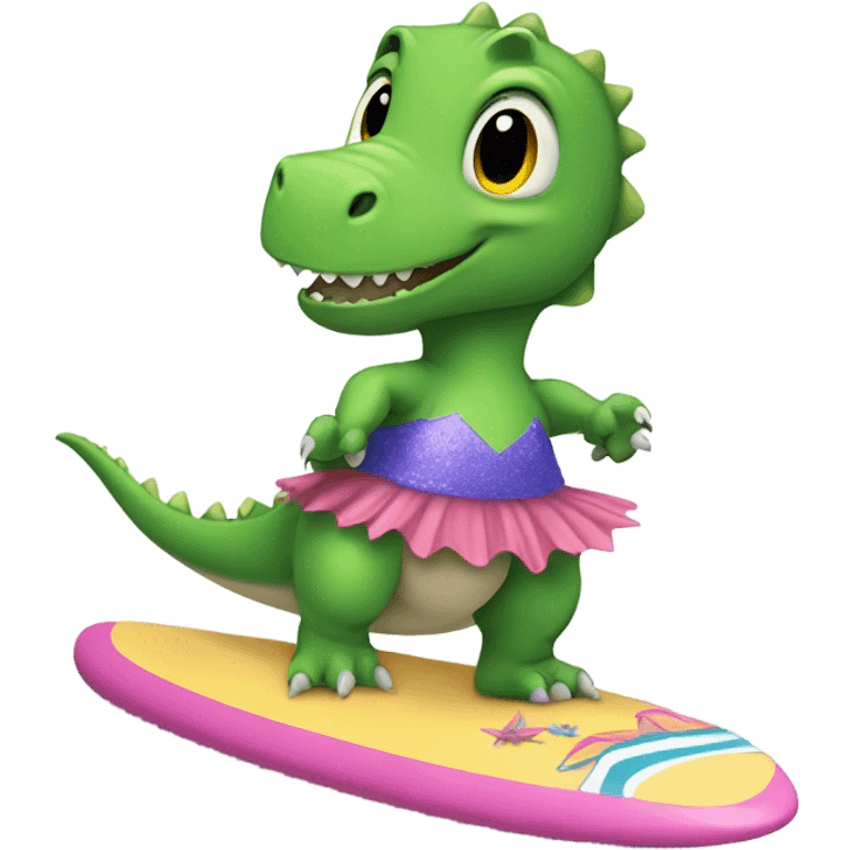 dinosaur on a surfboard wearing a tutu emoji