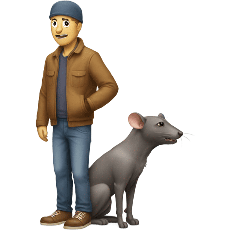 man leaning forwards to pet a dog with a rat on his head emoji