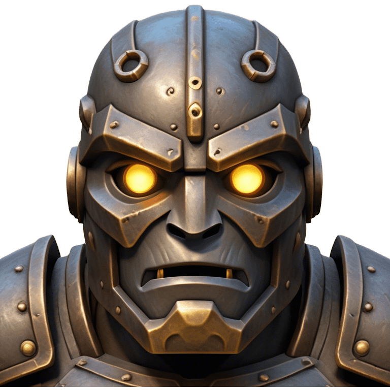 Cinematic Noble Mighty Iron Golem Portrait Emoji Poised and imposing, with a towering, metallic form forged from intricately detailed plates of burnished steel and ancient bronze, etched with faint traces of runes and weathered marks of time. Its piercing, glowing eyes radiate unwavering resolve, casting a solemn and commanding presence; rendered with lifelike texture and natural metallic highlights, high shine, elegant yet indomitable, styled with an aura of legendary endurance, focused and resolute, soft glowing outline, capturing the essence of an eternal guardian, standing vigilant and immovable as if ready to awaken at any moment with unstoppable might! emoji