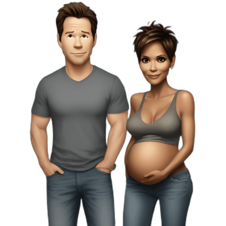 Halle berry standing next to mark Wahlberg both are pregnant even mark who is pregnant as well emoji