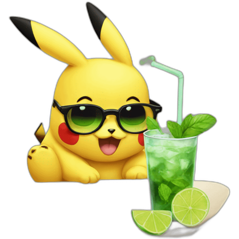 sick pikachu with glasses drinking mojito emoji