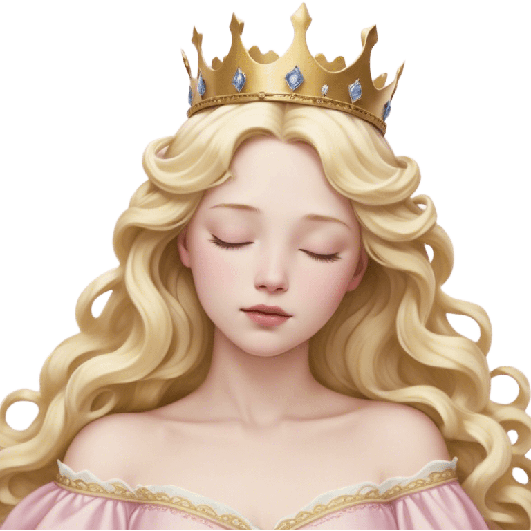 Cinematic Realistic Sleeping Beauty (Aurora) Portrait, with porcelain-like skin featuring a natural rosy flush, illuminated by soft lighting that highlights the gentle contours of her face. Her golden blonde hair flows in soft, detailed waves with subtle highlights that shimmer in the light. Her deep violet-blue eyes radiate warmth and innocence, framed by arched brows and long lashes. With a soft, serene smile, she holds a delicate rose gently in one hand, her other hand resting lightly by her side. She is dressed in her classic pink gown, the fabric rich in texture with delicate folds that catch the light. A golden crown rests atop her head, gleaming with royal refinement. The portrait captures a soft, glowing aura, blending realism with an ethereal sense of beauty and timeless enchantment. emoji