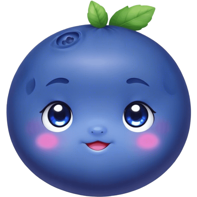 Cute Kawaii Blueberry, small and chubby, deep blue-purple with a tiny leafy crown, bright sparkling eyes, a soft round body, cute blushing cheeks, full of berry sweetness! emoji