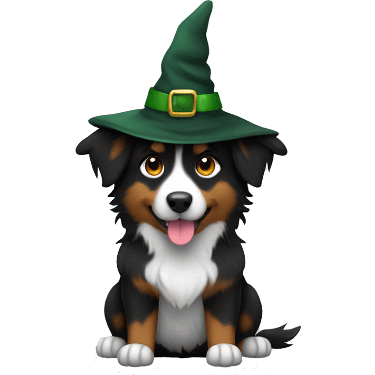 Small black australian shepherd dog dark green witch hat emoji