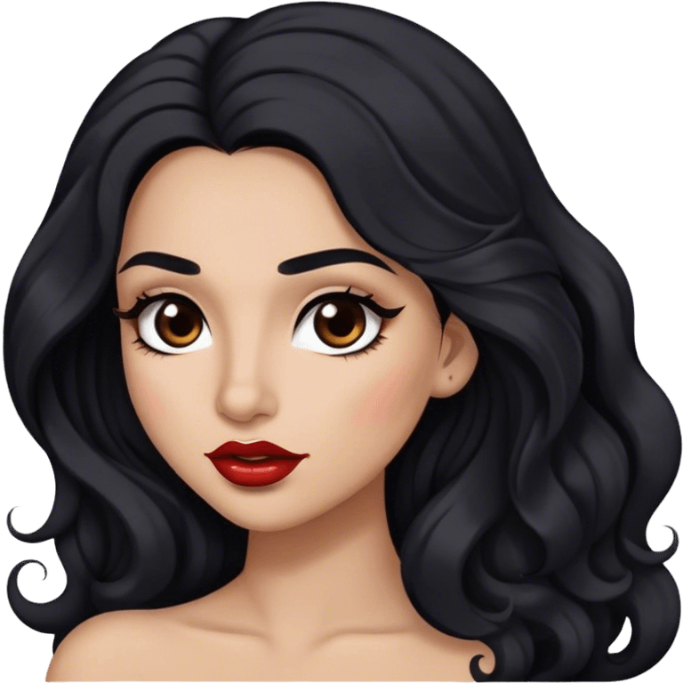 Woman with long black wavy hair, light brown skin complexion, arched dark brown eyebrows, full lashes,redish lips emoji