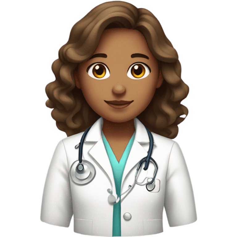 A brunette wavy hair girl with tan skin wearing a white medical coat and a pink stethoscope emoji