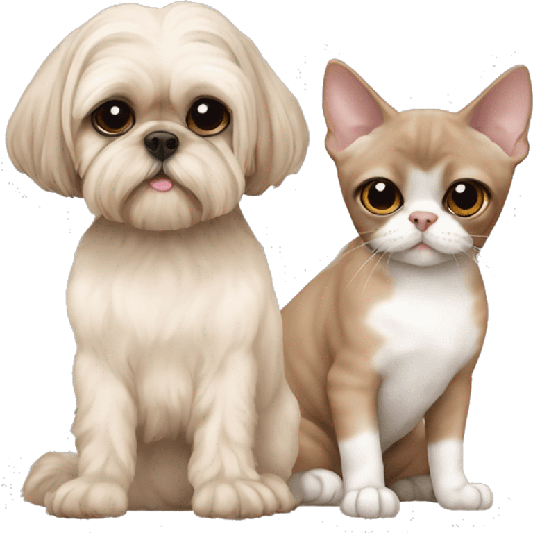 All Beige shih tzu sitting next to a skinny beige Devon Rex cat  emoji