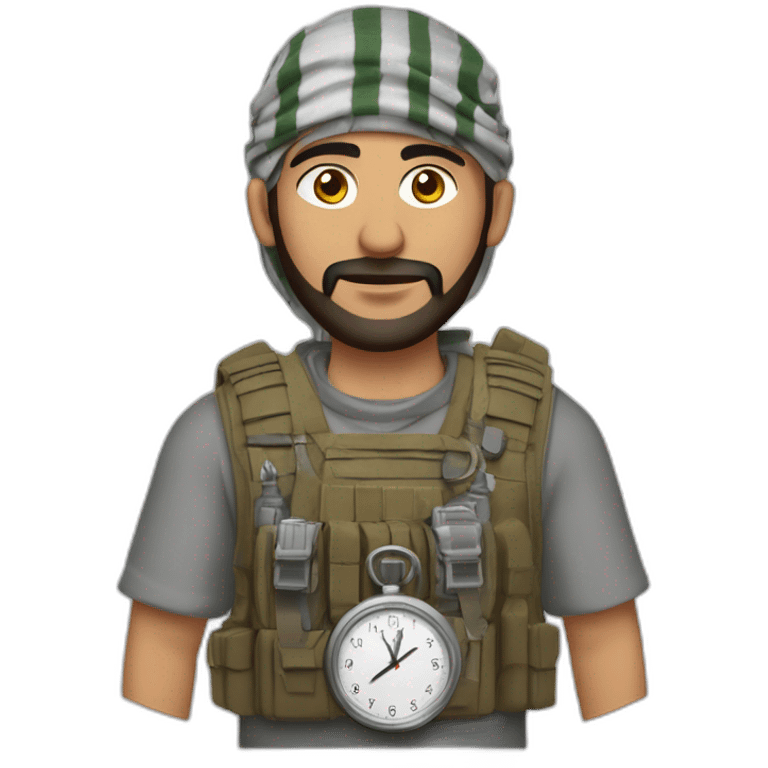 arab man wearing a keffiyeh and a plate carrier with wires in pockets and a small analog clock emoji