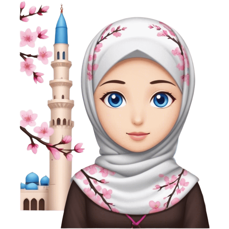 Turkish beautiful finish Konya girl blue eyes with hijab and cherry blossom dress on mosque emoji