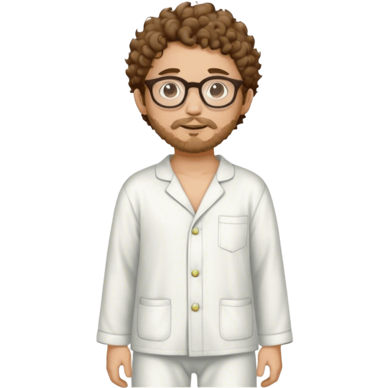 A young man with short curly brown hair, round glasses, light beard, and a comfortable full-body pajama. emoji