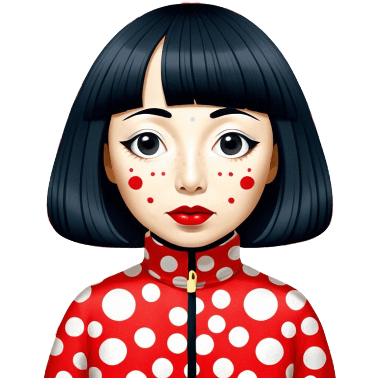 Yayoi Kusama – Cinematic Realistic Portrait of Yayoi Kusama, depicted as an avant-garde artist with an eccentric, captivating expression surrounded by her iconic polka dot patterns, rendered with vivid textures and imaginative lighting that evokes her unique, surreal creative world. emoji