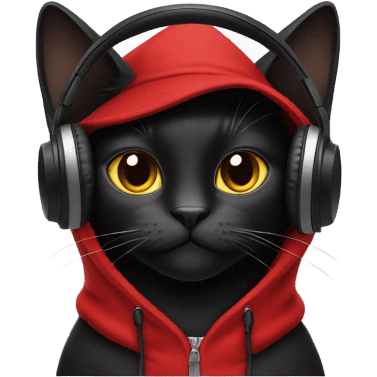 Black cat wearing red hoodie with a top hat and headphones emoji