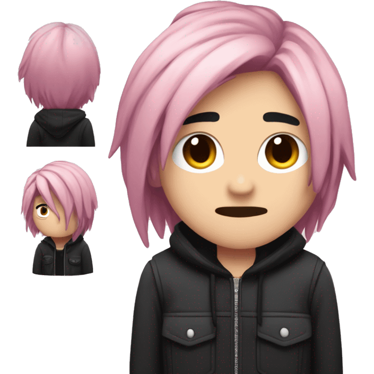 Create an emoji of an emo guy with split-dyed hair—one side pastel pink and the other side black. The hair should have a slightly messy, choppy texture, and the character should have a subtle, sad expression, wearing dark clothing typical of emo fashion emoji