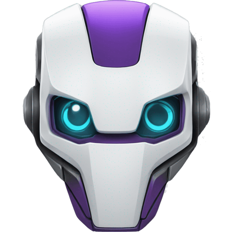 Robo mascote simpatico, nas cores branco gelo e detalhes roxo emoji