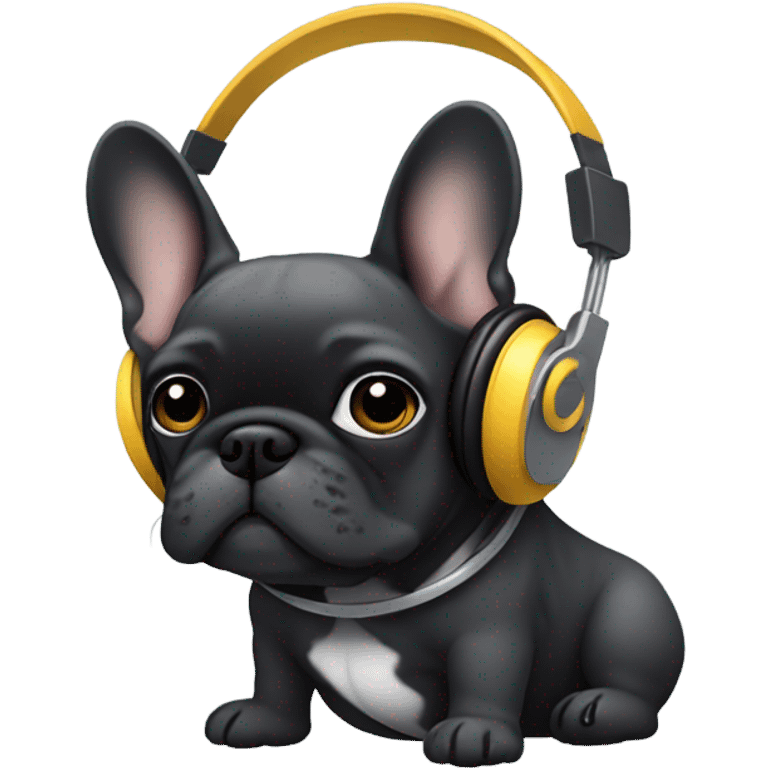 Grey hairs under chin all Black less white Brindle French bulldog wearing headphones emoji