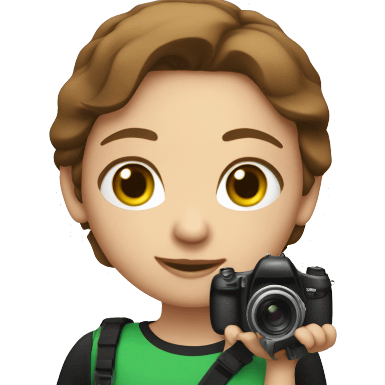 girl with brown hair, green eyes, red t-shirt and black pants holding photo camera emoji