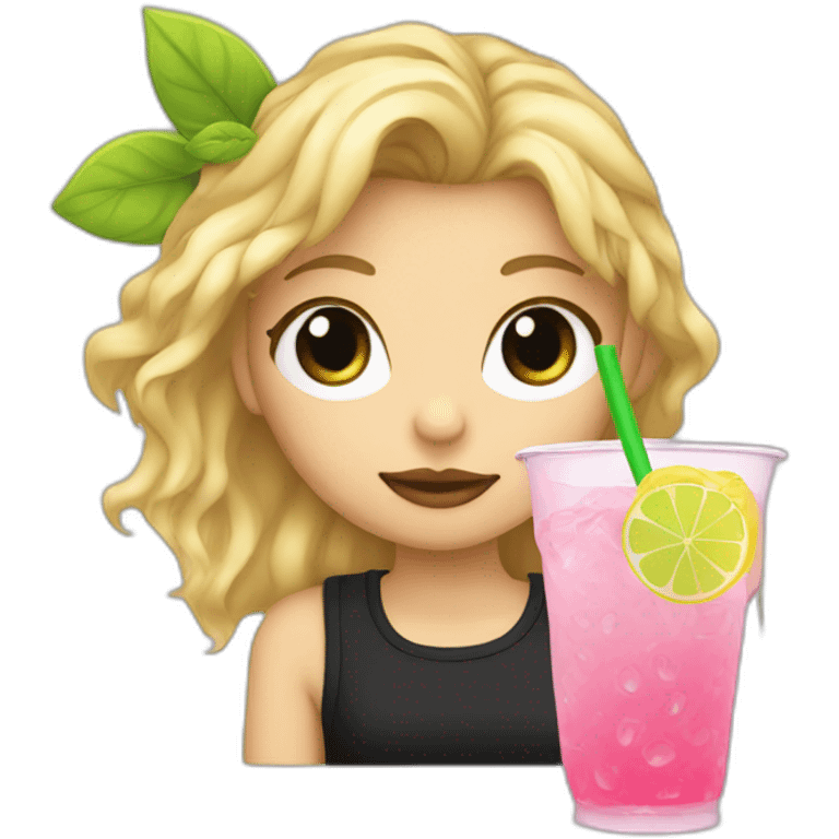 blonde girl straw drinking pink lemonade with one green lemon in the cup, with black watch black tshirt emoji