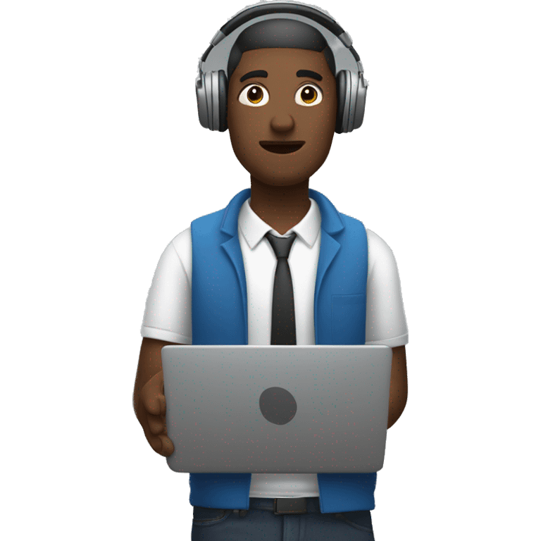 man in headphones talking hold laptop and phone only upper part of body  emoji