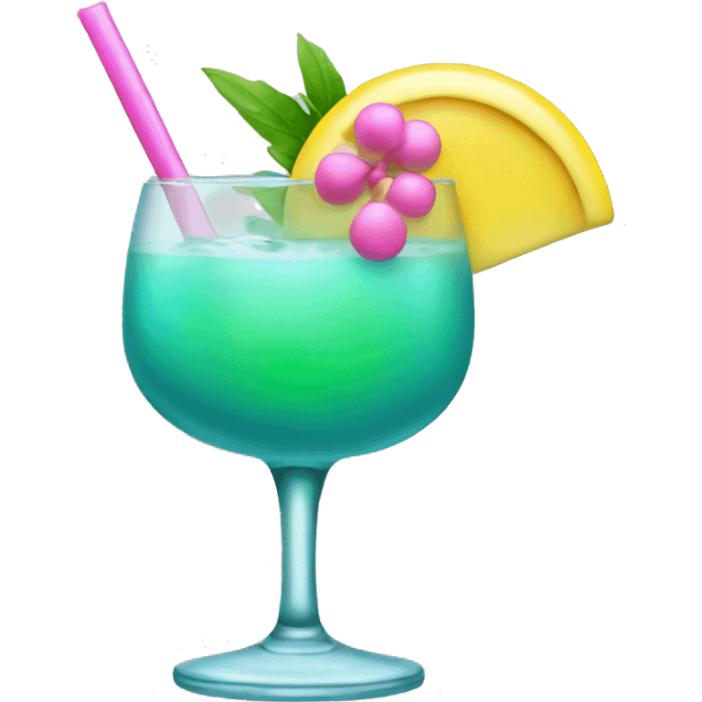 Bluish green cocktail with pink and yellow emoji