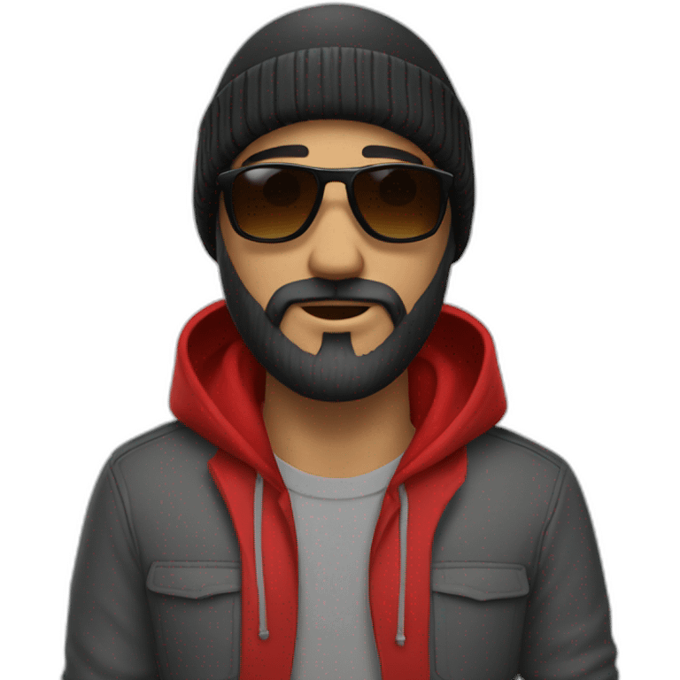 a man with black beard, gray Beanie, black sunglasses, that wears a red hoodie emoji