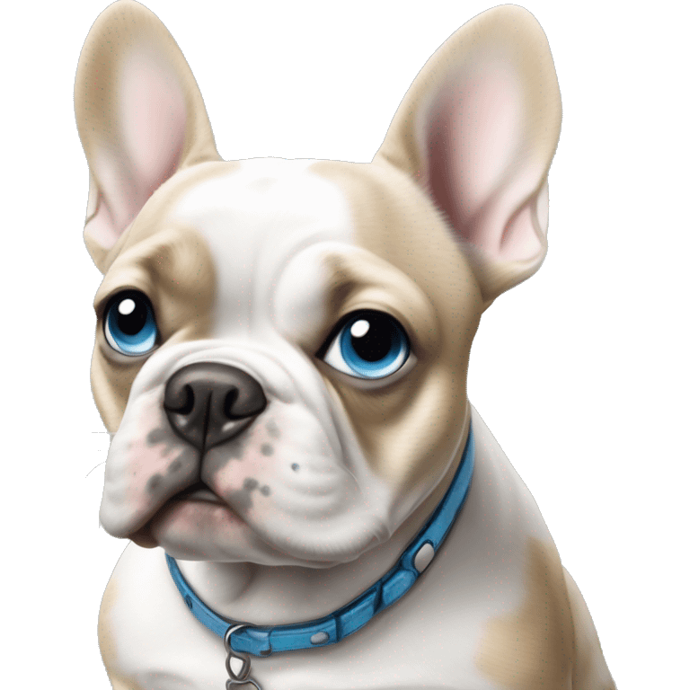 Blue eyed Merle French bulldog with blonde hair, blue eyed woman owner emoji