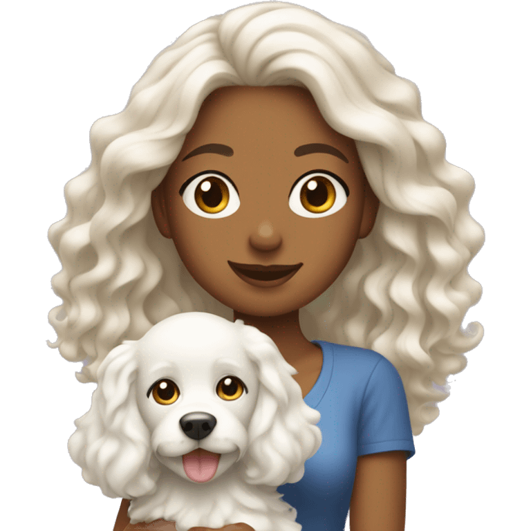 Tanned wavy hair girl with her white dog emoji