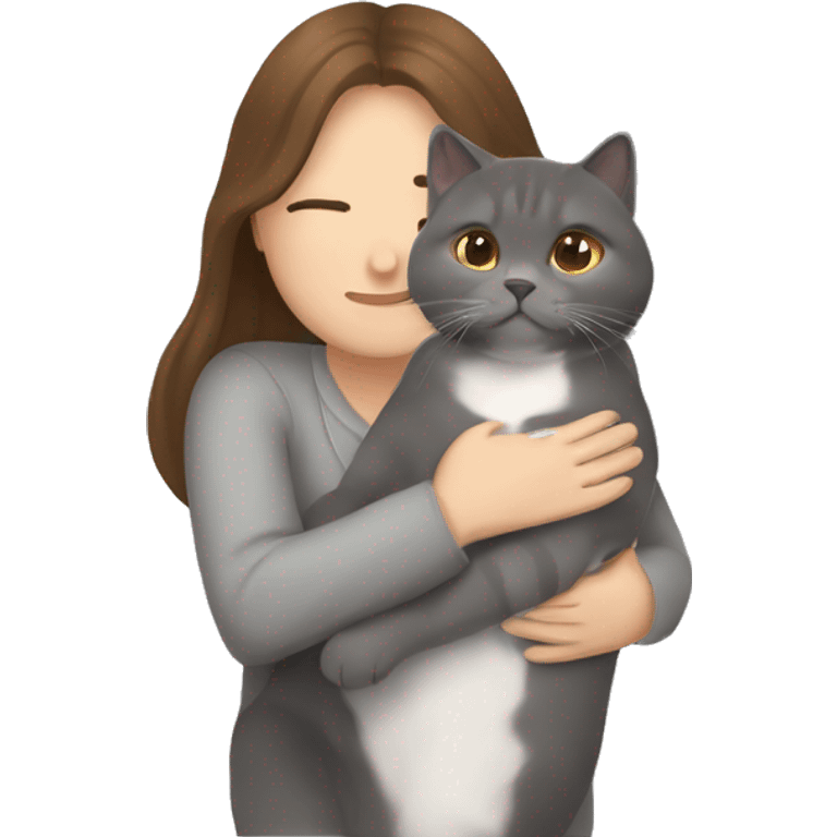 small British shorthair grey cat hugging long brown hair white woman emoji