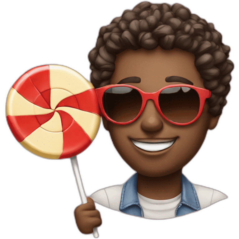 Normal smiling emoji with sunglasses and a lollipop in his mouth emoji