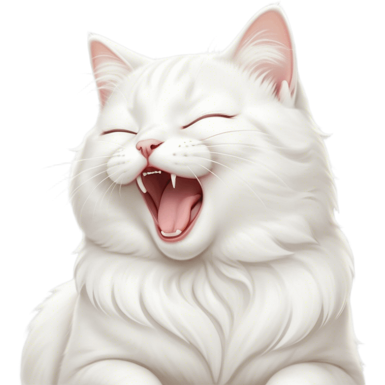 Cinematic Cute Yawning White Cat Portrait Emoji, Head gently tilted with an endearing, wide-open yawn and softly closed eyes, showcasing a pristine white fur with delicate hints of silver, simplified yet irresistibly adorable, highly detailed, glowing with a tender, cozy radiance, high shine, exuding sleepy charm and gentle affection, styled with a soft glowing outline, capturing the essence of a white cat caught mid-yawn, radiating pure, adorable lethargy! emoji