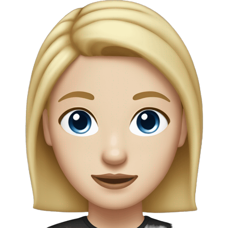 a woman with freckles, blue eyes, light skin, blonde straight hair with a bun. black shirt. emoji