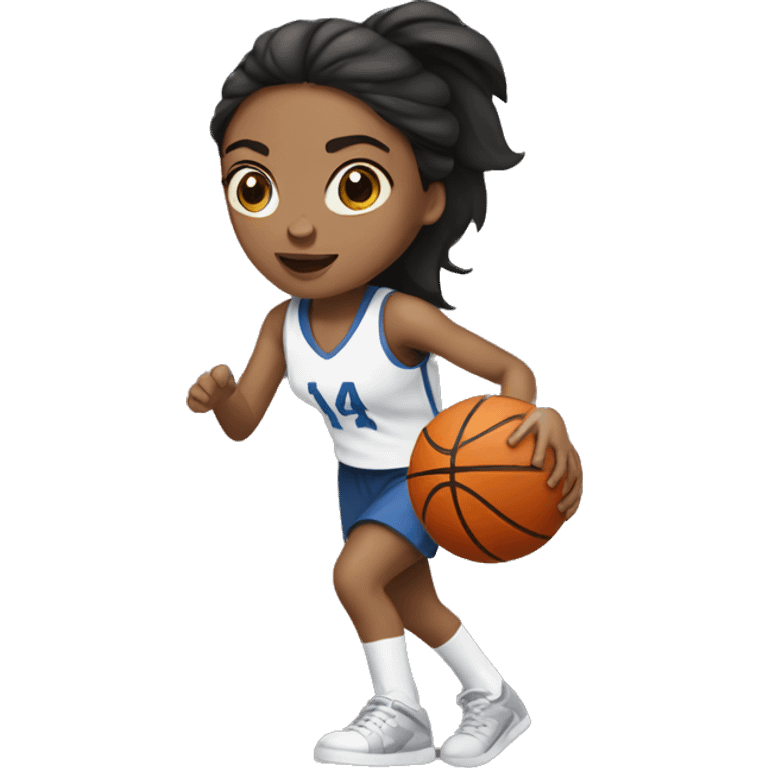 A dark brunette woman with grey eyes playing basketball emoji