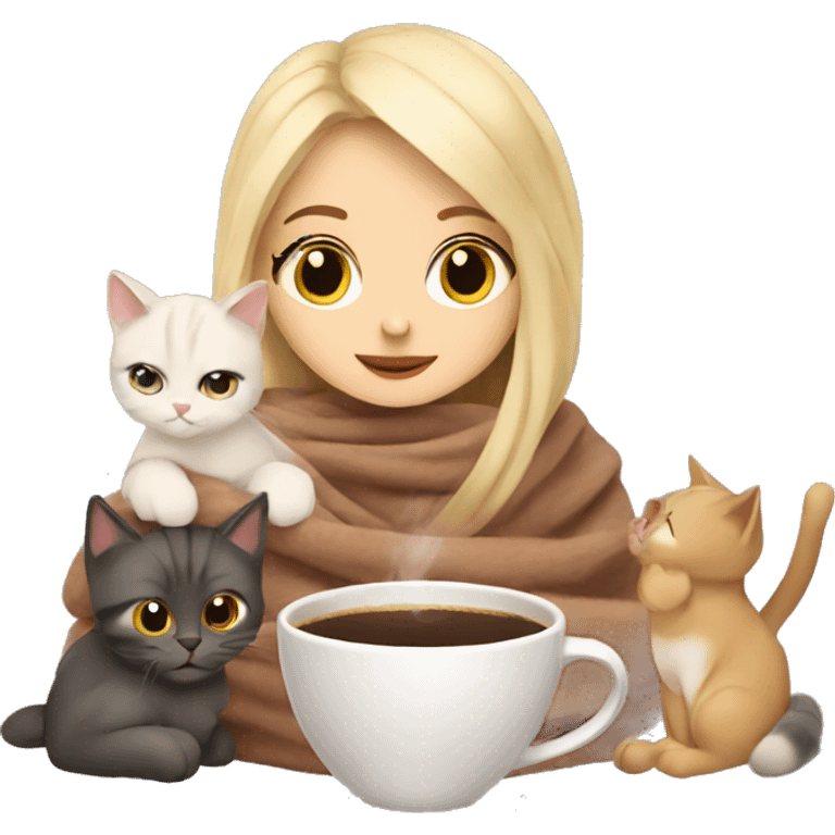 Blonde girl in blanket drinking coffee and sitting with her two cats emoji