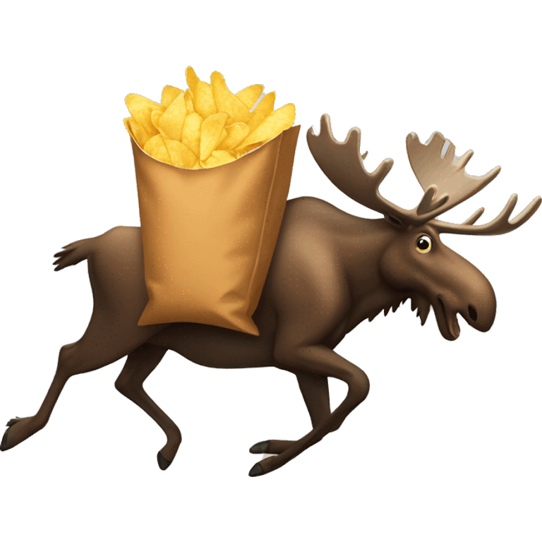 A moose running with a bag of chips and a bottle of pop emoji