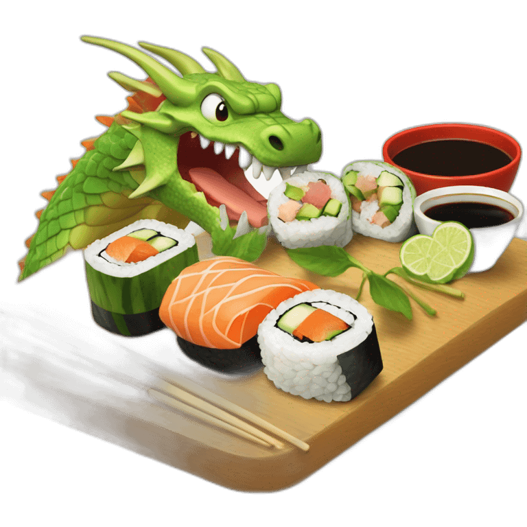 Dragón de 3 cabezas comiendo sushi sentado mientras toma cocacolaa emoji