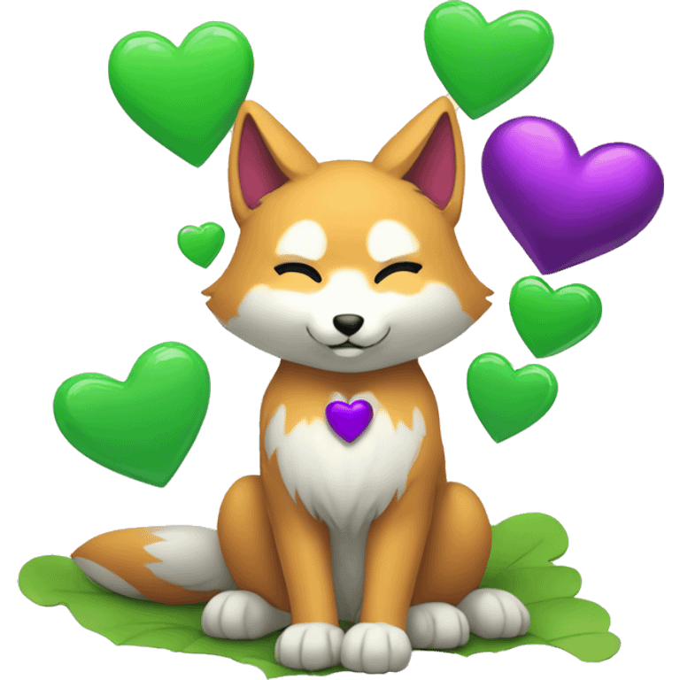 A Kitsune Holding a 3 Hearts, a Purple Heart, a Green Heart and a White Coloured Heart emoji