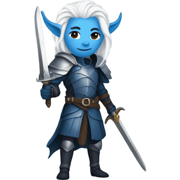 a blue tiefling with white long hair, full body, knight armour, holding a sword emoji