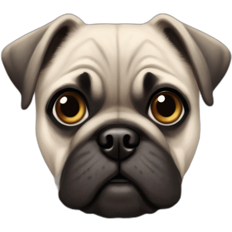 A pug cross bred with a schnauzer, white furr, brown eyes, slightly stupid emoji