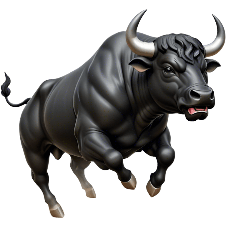 ​Cinematic Realistic Black Charging Bull, depicted in mid-charge with a powerful, muscular form and glossy black hide glistening under dynamic dramatic lighting, dust and motion captured mid-air to exude raw strength and unbridled energy on an expansive arena, emoji